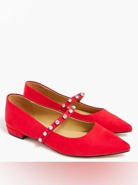 J. Crew Red Pointed Mary Jane Flats with Crystal-Strap Size 8.5 NWOT
